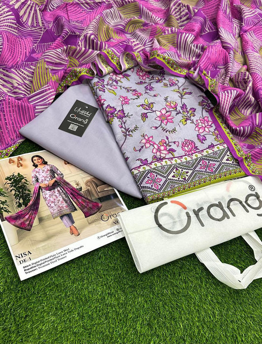 Summer collection 2026. BRAND NAME ORANG PRINTED 3PC STUFF LAWN PRINTED LAWN SHIRT PRINTED LAWN DUPPATTA DYED LAWN TROUSER