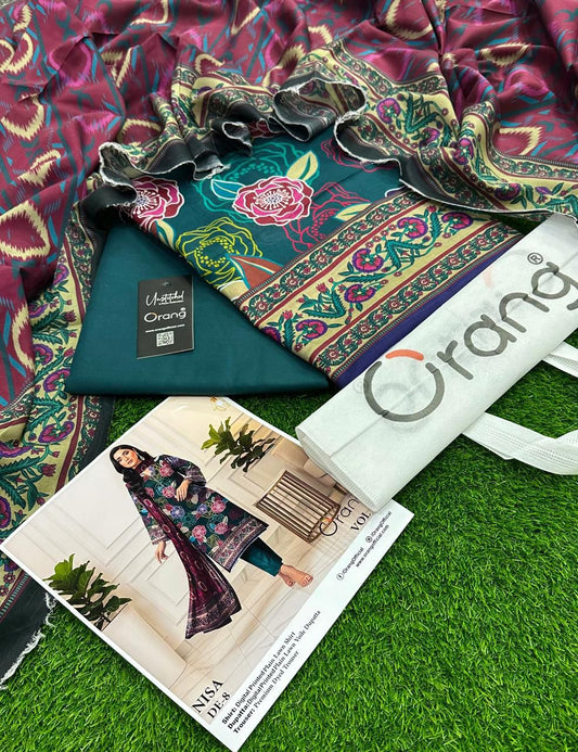 Summer collection 2026. BRAND NAME ORANG PRINTED 3PC STUFF LAWN PRINTED LAWN SHIRT PRINTED LAWN DUPPATTA DYED LAWN TROUSER