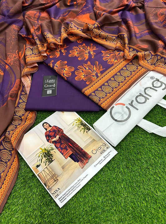 Summer collection 2026. BRAND NAME ORANG PRINTED 3PC STUFF LAWN PRINTED LAWN SHIRT PRINTED LAWN DUPPATTA DYED LAWN TROUSER
