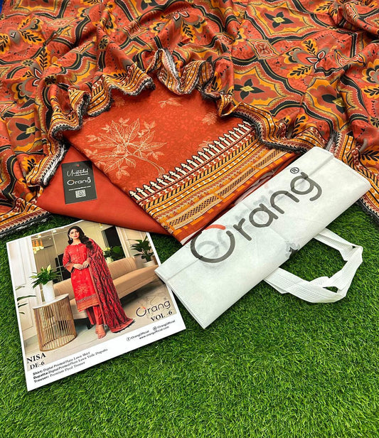 Summer collection 2026 BRAND NAME ORANG PRINTED 3PC STUFF LAWN PRINTED LAWN SHIRT PRINTED LAWN DUPPATTA DYED LAWN TROUSER