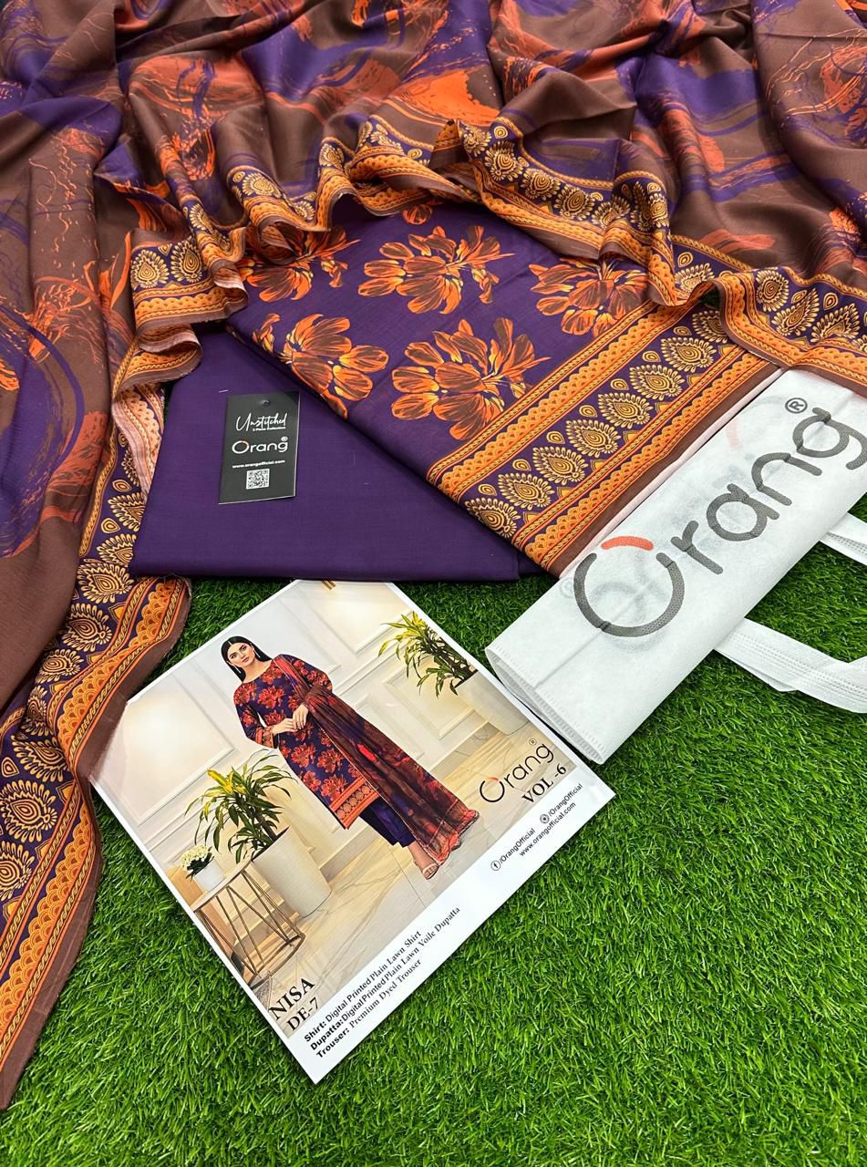 Summer collection 2026. BRAND NAME ORANG PRINTED 3PC STUFF LAWN PRINTED LAWN SHIRT PRINTED LAWN DUPPATTA DYED LAWN TROUSER