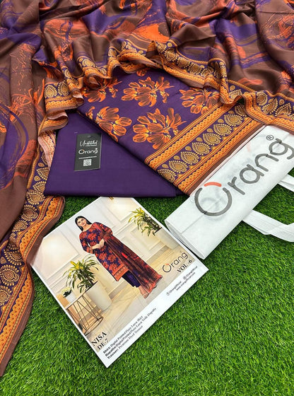 Summer collection 2026. BRAND NAME ORANG PRINTED 3PC STUFF LAWN PRINTED LAWN SHIRT PRINTED LAWN DUPPATTA DYED LAWN TROUSER